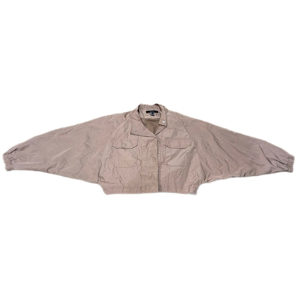 Forever 21 Women Batwing Cropped Windbreaker Jacket Taupe Brown Small Nylon Mesh